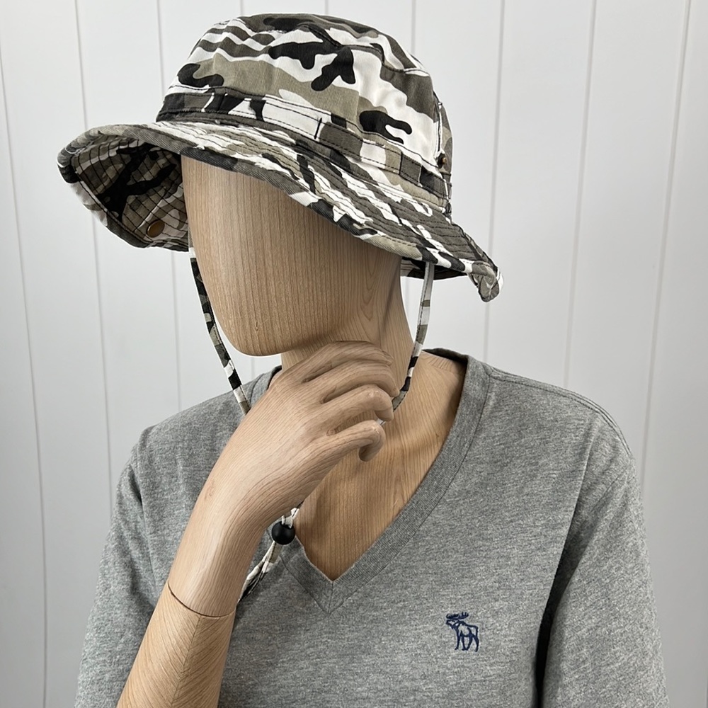 🆕Safari Boonie Bucket Hat Camouflage Adjustable Strap Snap Sides Vents Cotton